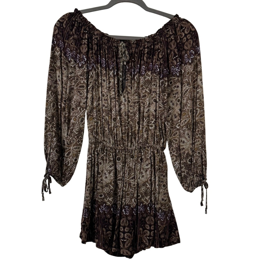 Free People So Divine Long Sleeve‎ Romper XS Brown Boho Festival Grunge
